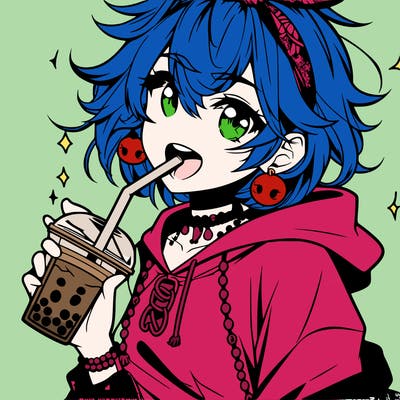 hot baddie anime girl drinking boba and biting the straw
