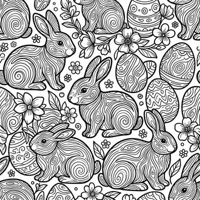 Discover a unique Easter coloring experience with our charming wood grain pattern page. This delightful design features playful bunnies, intricately patterned eggs, and blossoming flowers, all waiting for your creative touch.