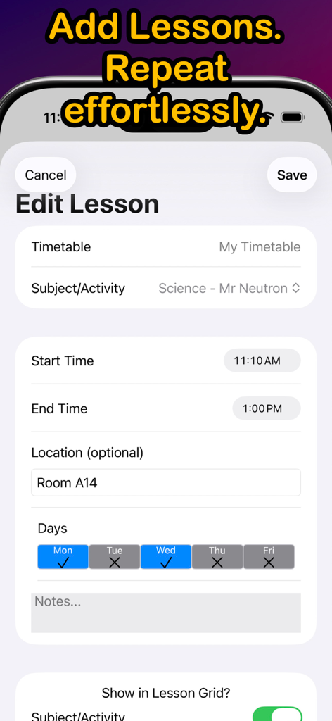 School Timetable Pro Schedule - Mobile interface for editing a school lesson showing subject names, start and end times, room location, and repeating days.