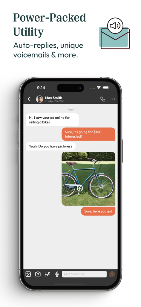 Hushed app screen showing a private text conversation about selling a bicycle online.