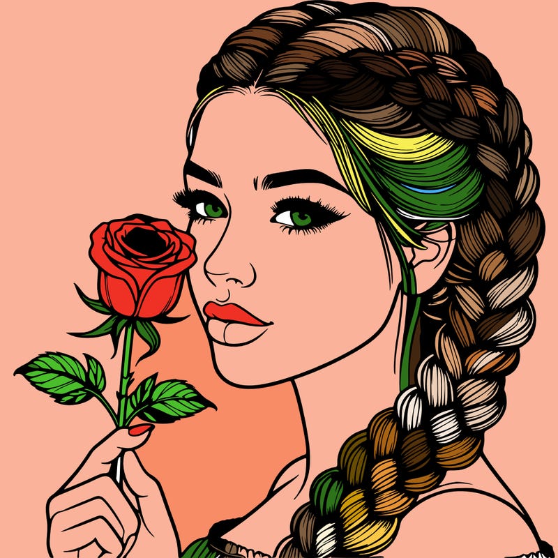 realistic woman with braids holding a single rose