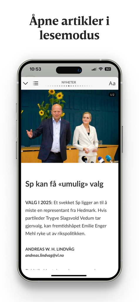 Vårt Land e-avis - Smartphone displaying a news article in the Vart Land e-avis reading mode