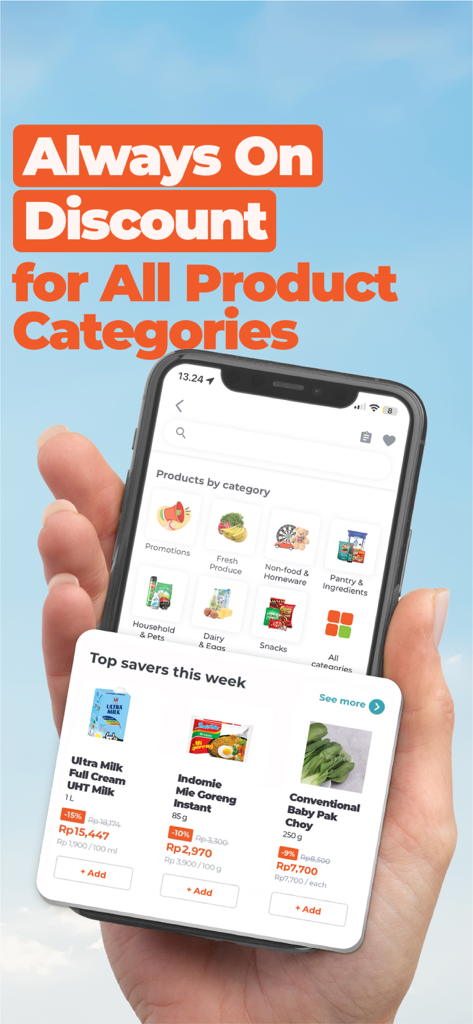 HappyFresh - Grocery Delivery - Mobile phone showing HappyFresh app with grocery categories and weekly discounts