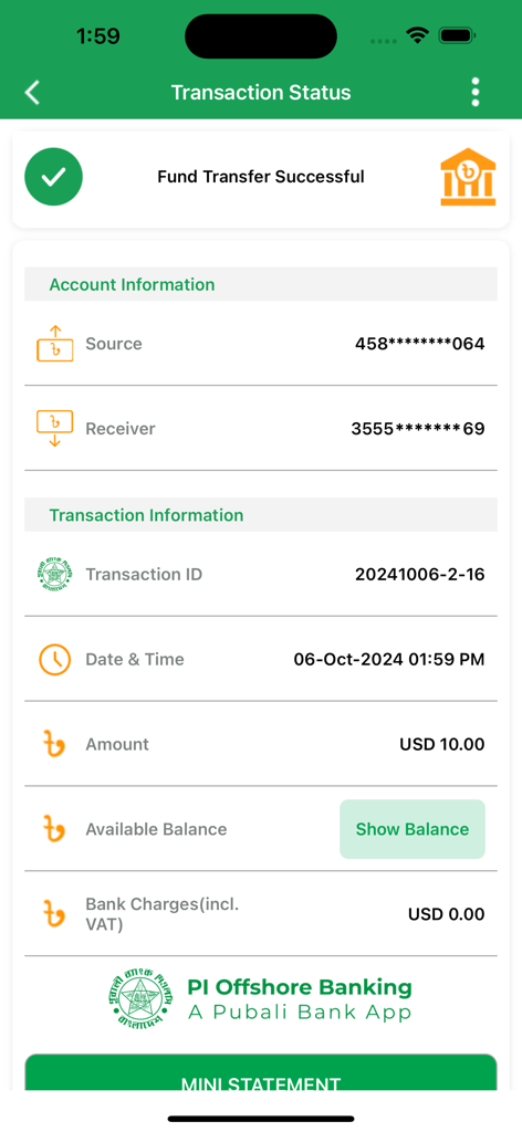 PI Offshore Banking - PI Offshore Banking app screen showing a successful fund transfer confirmation with transaction details