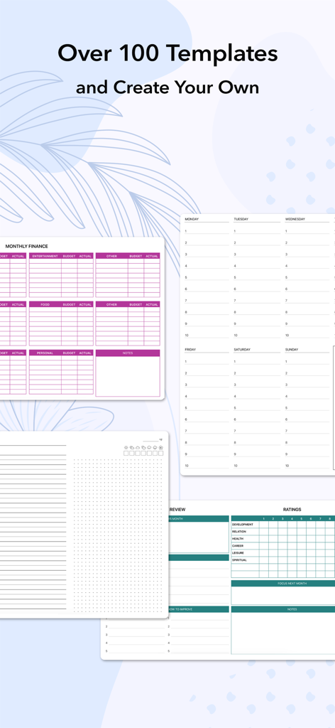 Visualizzazione di vari modelli di planner digitale per il monitoraggio delle finanze e la pianificazione giornaliera nell'app AJournal