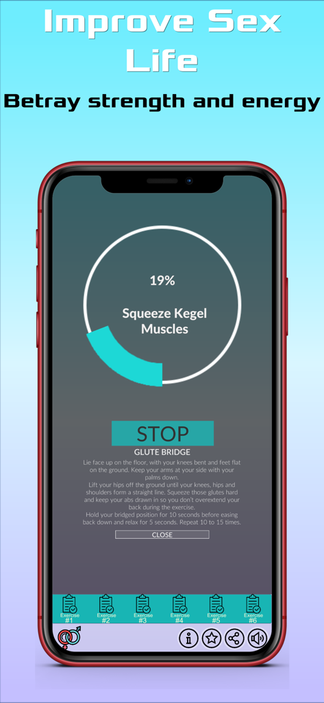 骨盤底筋トレーニングの指示とグルートブリッジエクササイズのチュートリアルが表示された携帯電話画面。