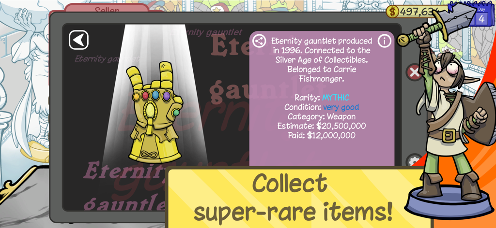 Dealer's Life 2 - A mythic rarity eternity gauntlet item displayed in the Dealers Life 2 pawn shop game interface