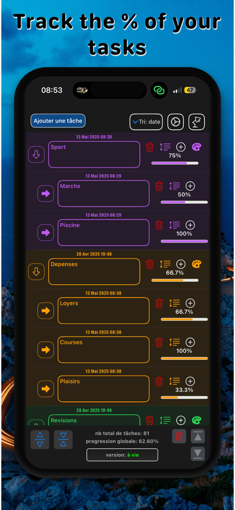 Task Manager Progress - Tela do aplicativo Gerenciador de Tarefas em Progresso exibindo uma lista de tarefas com barras de conclusão de porcentagem individuais e categorias codificadas por cores