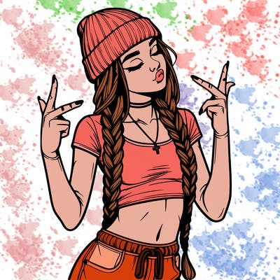 realistic teenage girl with braids and a beanie and crop top doing 🫶🏼