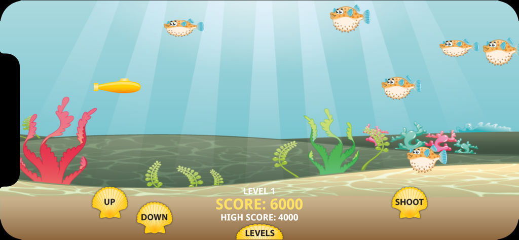 Puffer Fish - Gameplay screenshot of Puffer Fish app showing a submarine and puffer fish underwater with touch controls