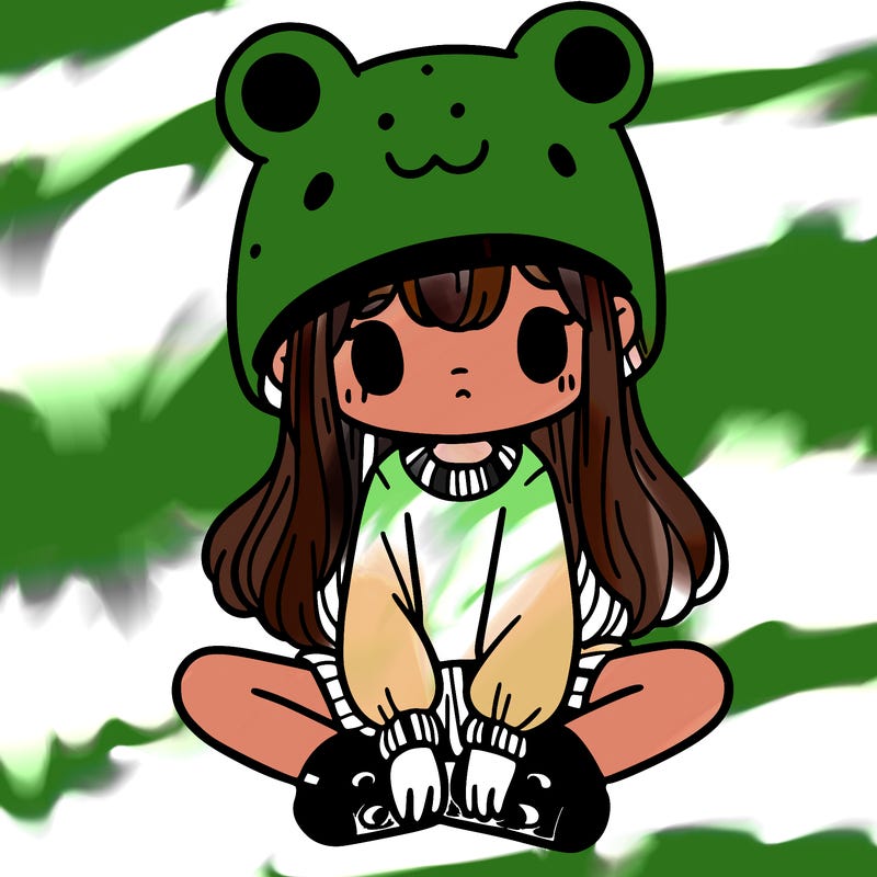 a girl wearing a frog hat and some frog socks