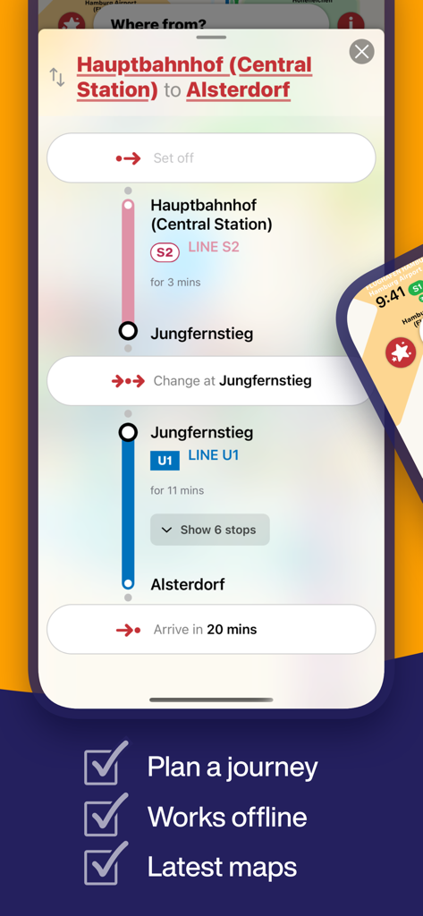 Pantalla de la aplicación Hamburg Metro que muestra una ruta paso a paso desde la Estación Central hasta Alsterdorf con direcciones de transporte sin conexión.