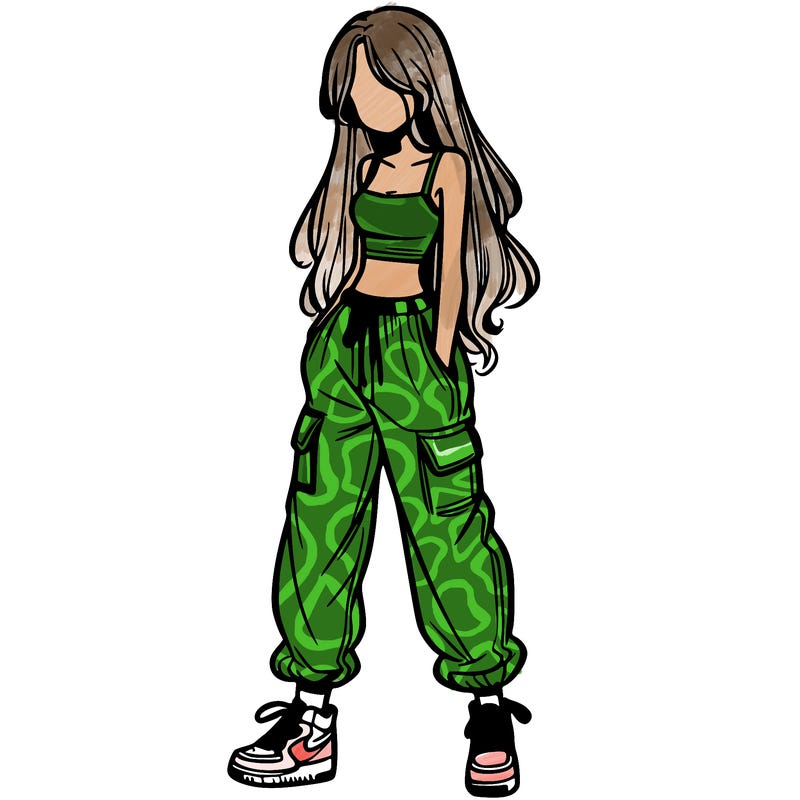 girl in baggy pants crop top and long hair