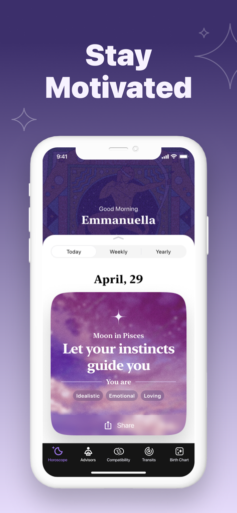 Serene: Talk to Astrologer - Serene app screen displaying a daily horoscope and spiritual affirmation for personal growth