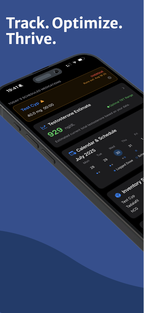 OptiPin | TRT Peptide Tracker - OptiPin dashboard showing testosterone level estimates and medication schedule