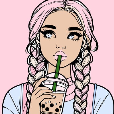 realistic girl with braided hair drinking boba
