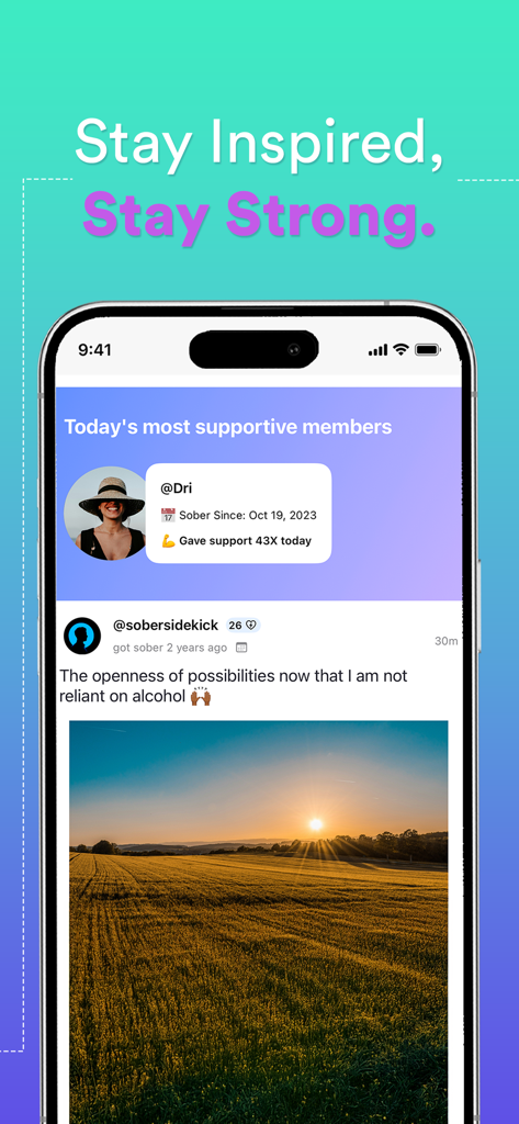 Sober SideKick: Quit Addiction - Sober Sidekick app screen showing supportive community members and an inspirational sobriety post with a sunrise.