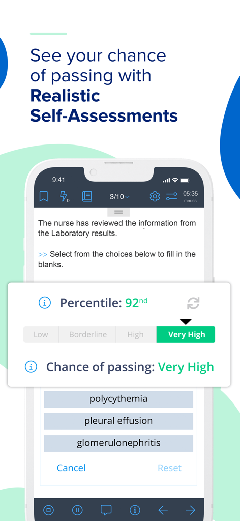 UWorld Nursing app interface showing realistic self assessment with a very high chance of passing and 92nd percentile result.