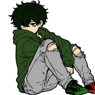 a male hoddie ripped jeans messy hair anime