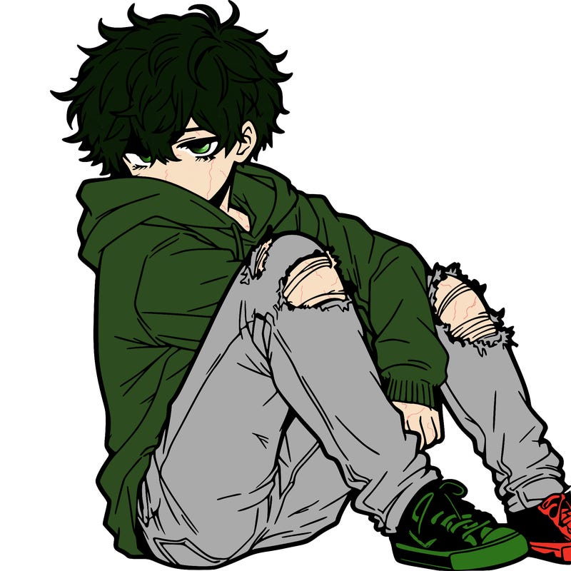 a male hoddie ripped jeans messy hair anime