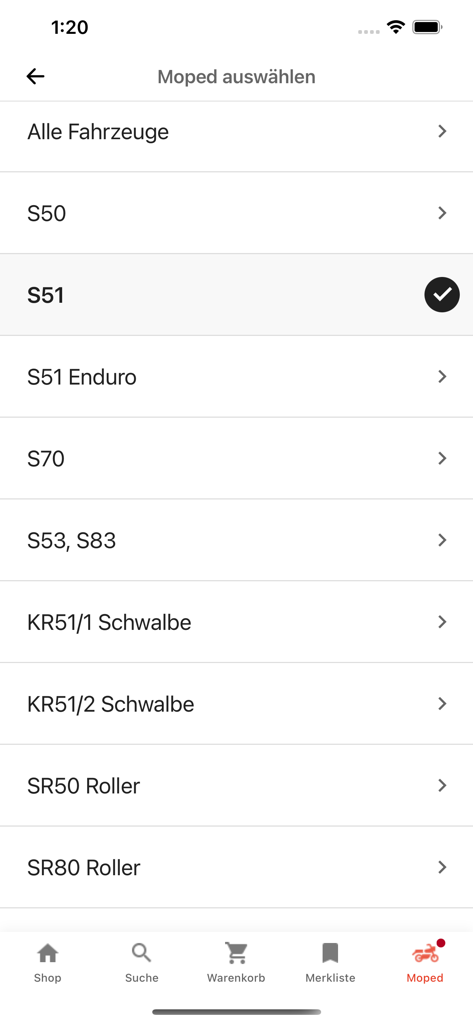 Ostoase Shop - Interface for selecting Simson moped models in the Ostoase Shop app