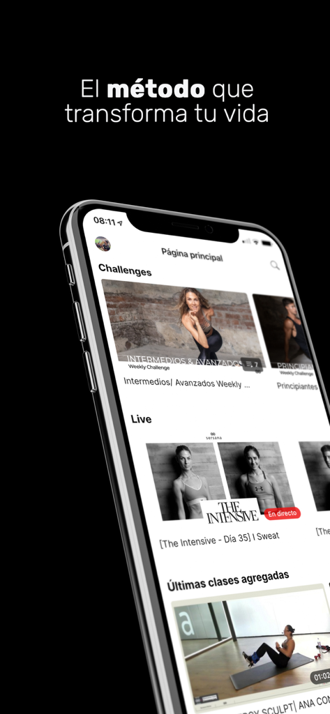 Smartphone screen displaying the Sersana HOME app interface with functional training challenges and live fitness classes