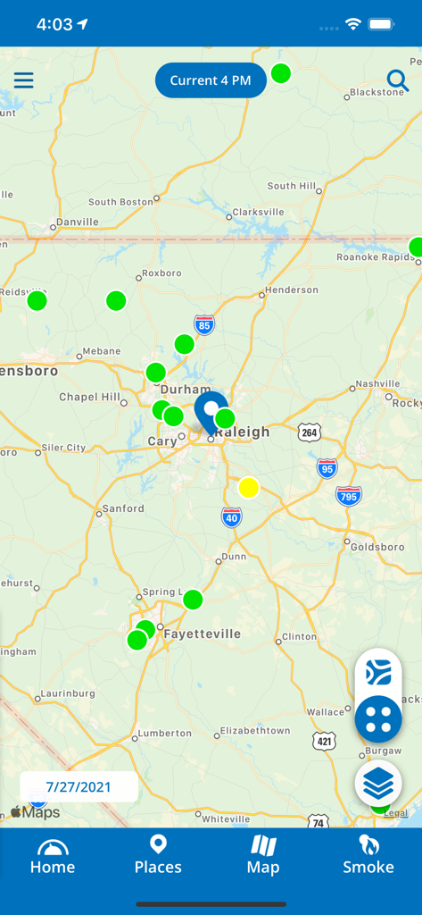 EPA AIRNow - Mapa de Carolina del Norte que muestra estaciones de monitoreo de calidad del aire en la aplicación móvil EPA AIRNow.