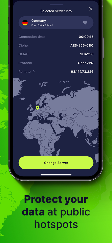 TorGuard VPN app interface showing encrypted server connection details in Germany and a security message for public hotspots.