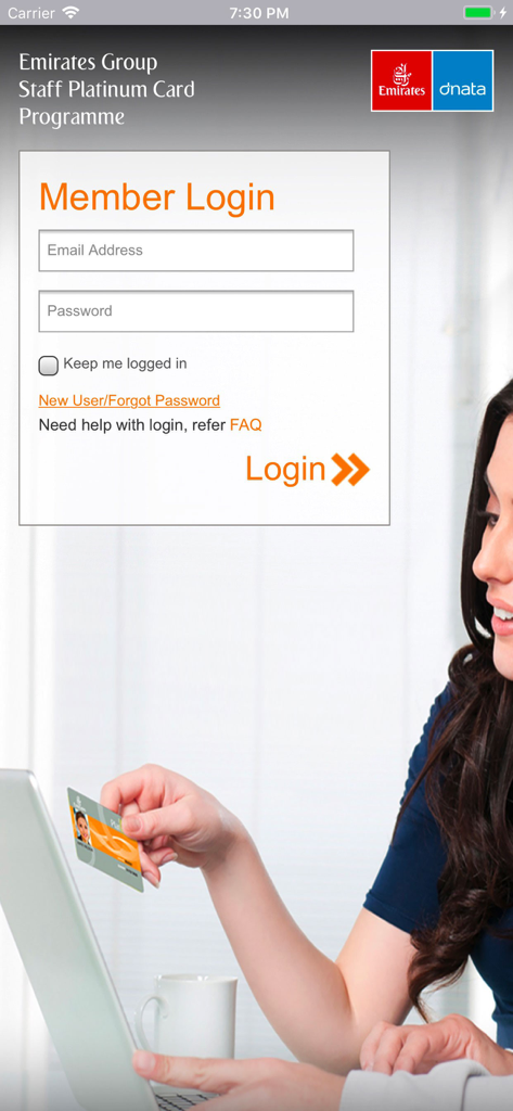 Member login screen for the EK Platinum staff benefits app