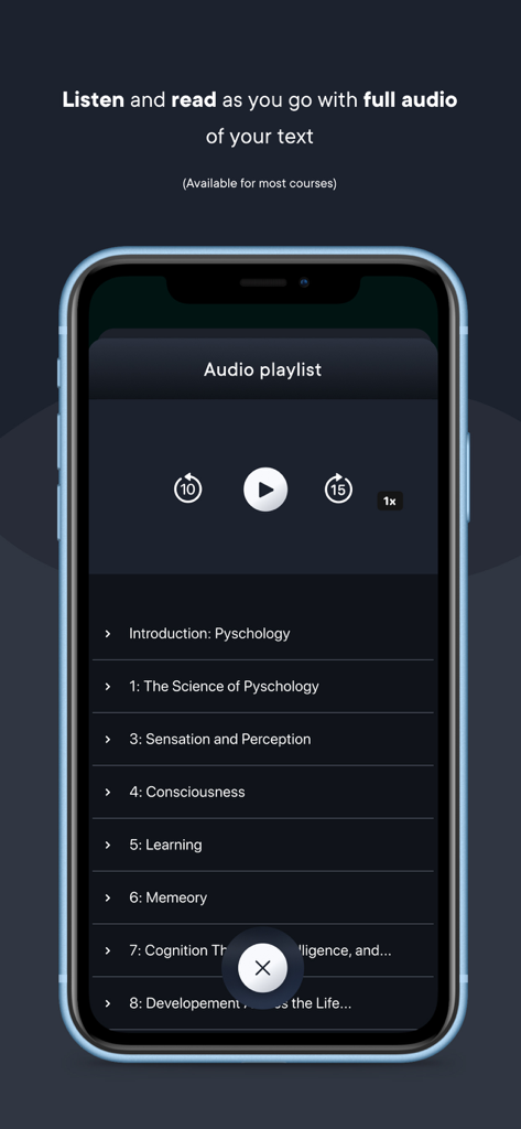Revel by Pearson - Revel by Pearson app audio playlist interface showing psychology textbook chapters for mobile study