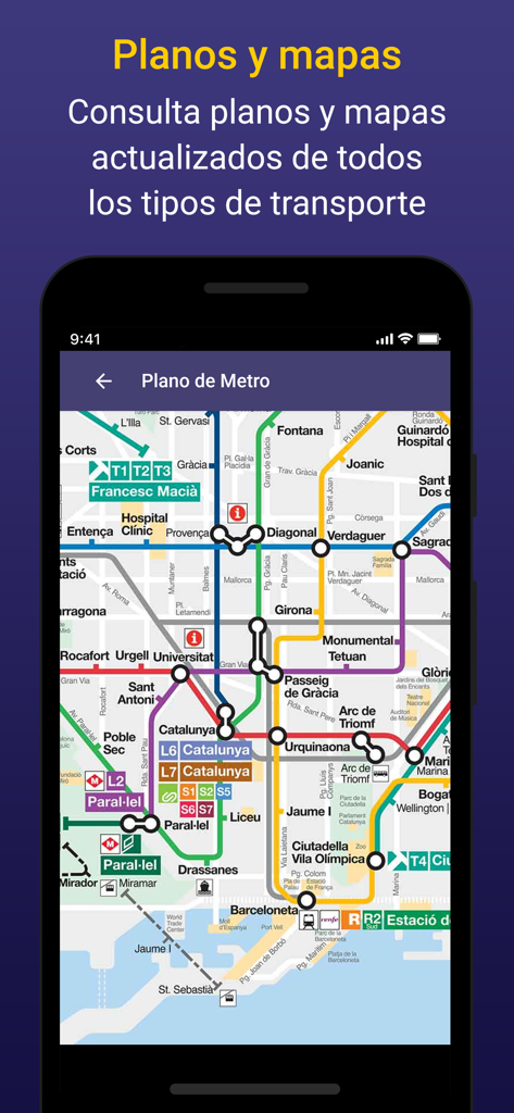 Barcelona Bus Metro Transporte - Mappa dettagliata della rete della metro di Barcellona visualizzata su un dispositivo mobile per la pianificazione del trasporto pubblico.