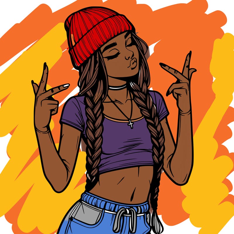 realistic teenage girl with braids and a beanie and crop top doing 🫶🏼
