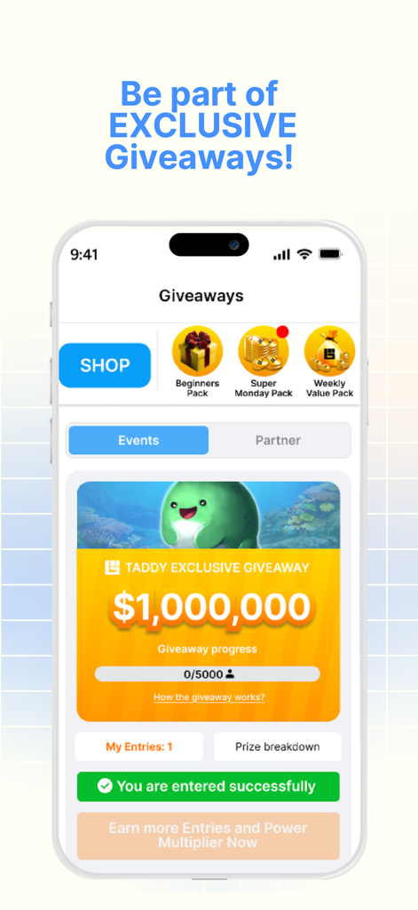 GuChat app screen showing a one million dollar giveaway event and a success message for a user entry.