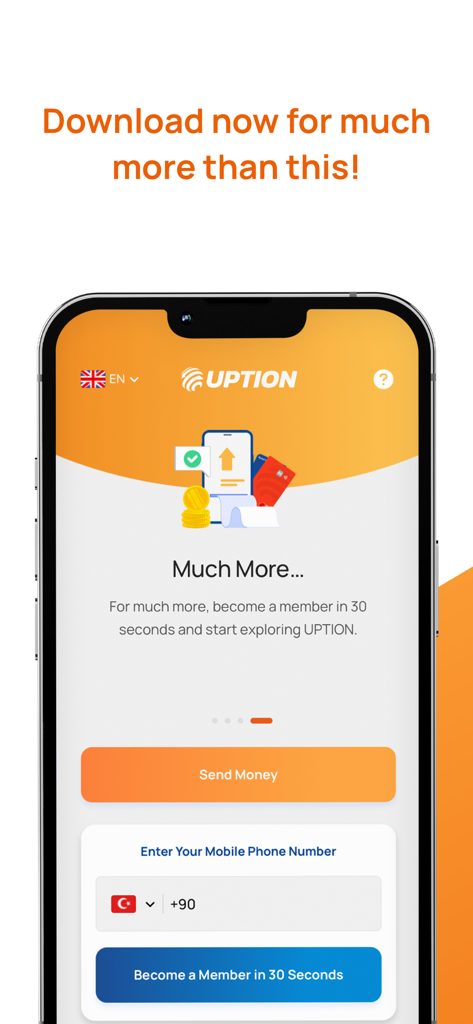 UPTION Para Transferi - UPTION app registration screen showing mobile phone number input and membership button