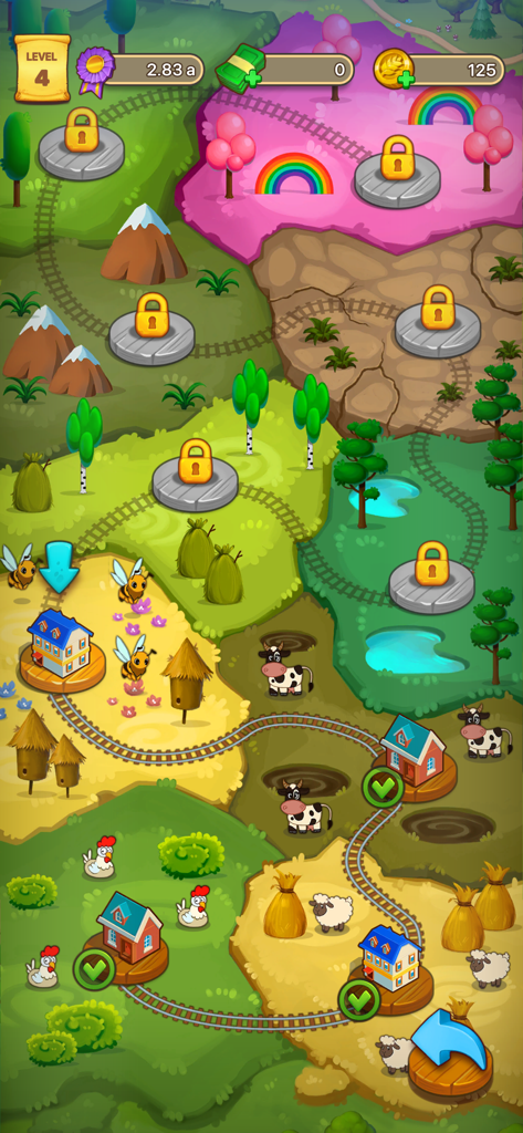 Idle Farmer: Farm Tycoon Games - Colorful game map showing different farming zones and unlocked animal habitats