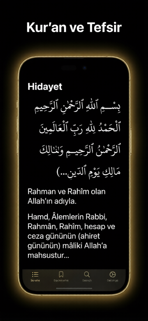 Hidayet: İslami Asistanınız - The Quran and Tefsir feature of the Hidayet app showing Arabic verses with Turkish translation on a dark mode interface.