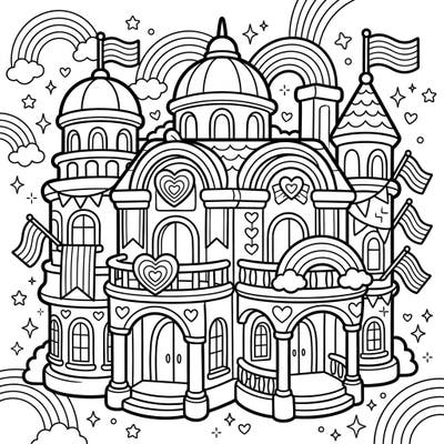 Celebrate love and creativity with this enchanting Kawaii Pride Mansion coloring page. Its adorable architecture and festive details promise hours of delightful artistic expression.