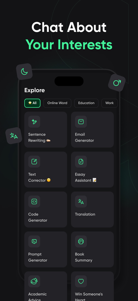 RoboAI - Chat & Ask AI Chatbot - RoboAI chatbot app explore screen featuring writing and productivity tools