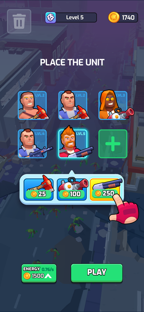 Idle Defense Survival - A tactical menu in Idle Defense Survival showing character portraits and weapon selection for unit placement before a zombie battle