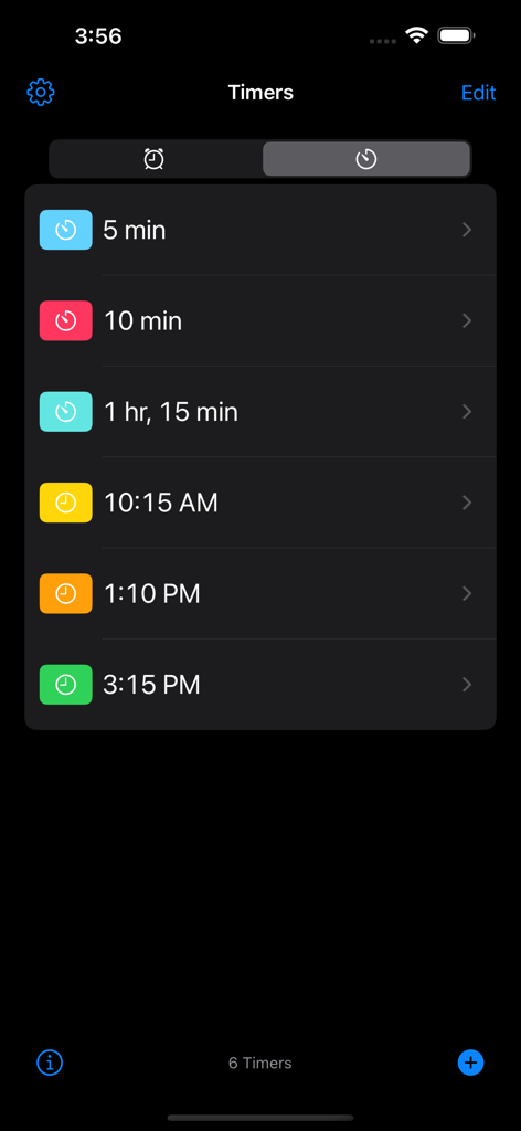 List of preset timers and alarms in the Vibration Alarm Clock app using dark mode