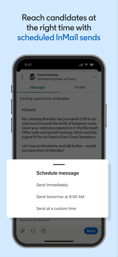 InMailメッセージのスケジュールオプションを表示するLinkedIn Recruiterモバイルアプリ。