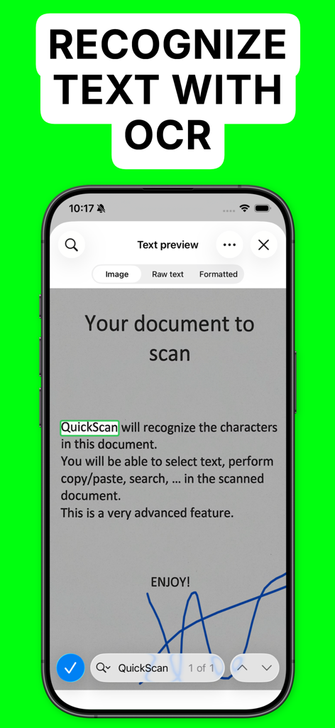 iPhone screen showing OCR text recognition and document signing in QuickScan Enterprise