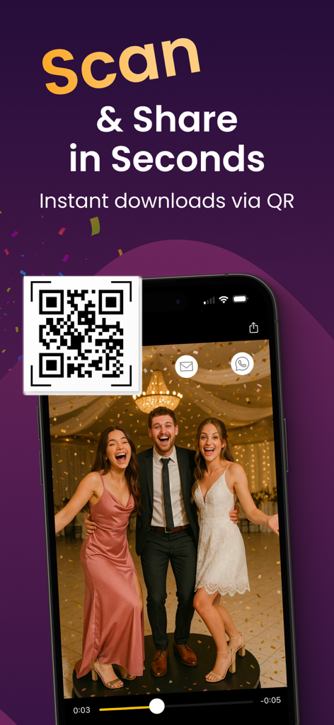 BoothLab App-Bildschirm mit QR-Code für sofortiges Foto- und Video-Sharing