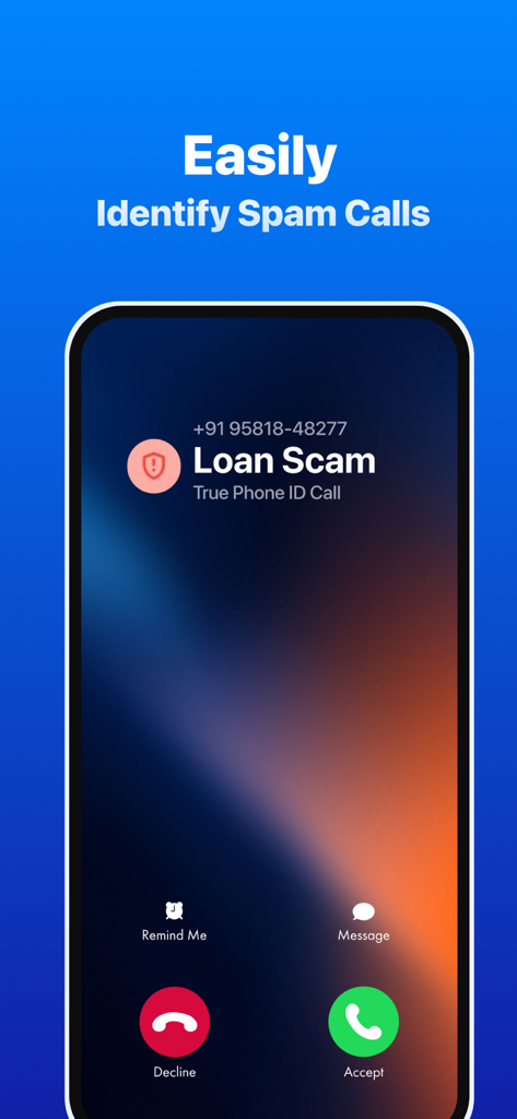 Phone lD CaIIer - Bildschirm eines Mobiltelefons, der einen eingehenden Anruf zeigt, der von der App als Darlehensschwindel identifiziert wurde.