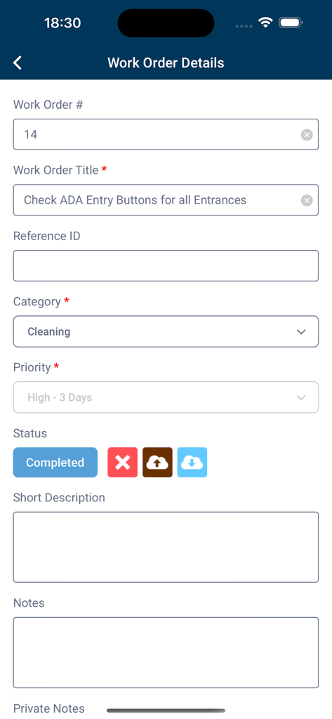EagleCMMS - EagleCMMS mobile app screen displaying details of a completed work order for facility maintenance.