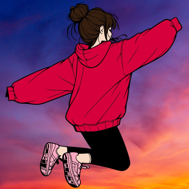 realistic girl jumping with a bun and oversized sweatshirt