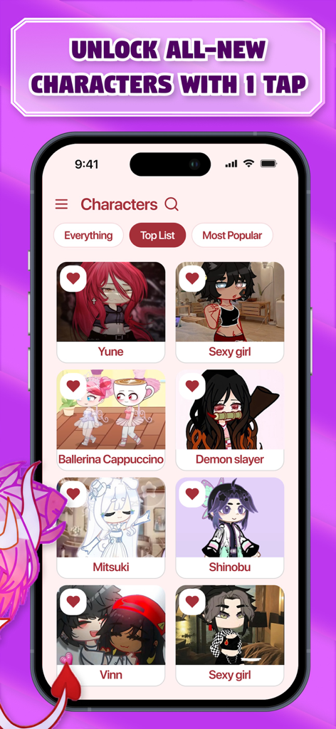 Mobile app interface showing a gallery of custom Gacha character skins and mods.