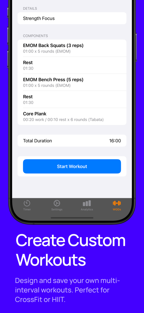 Captura de pantalla del constructor de entrenamientos personalizados en la aplicación WOD Timer que muestra intervalos EMOM y Tabata