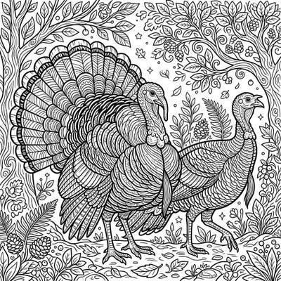 Unleash your creativity with this stunning coloring page featuring two majestic Bronze Turkeys amidst a beautifully detailed forest. Perfect for teens seeking an engaging and intricate artistic challenge.