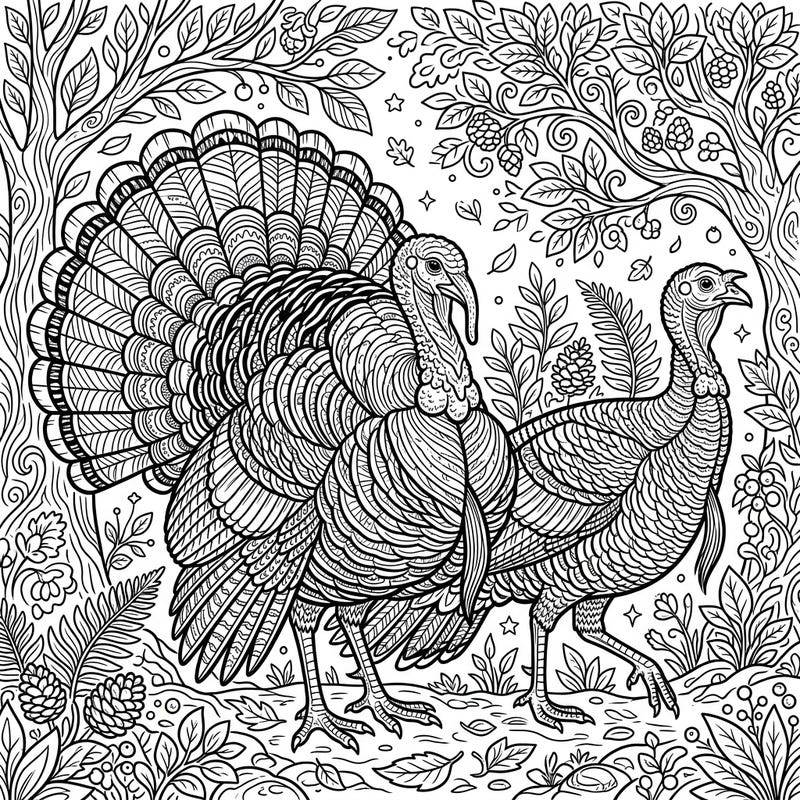 Unleash your creativity with this stunning coloring page featuring two majestic Bronze Turkeys amidst a beautifully detailed forest. Perfect for teens seeking an engaging and intricate artistic challenge.